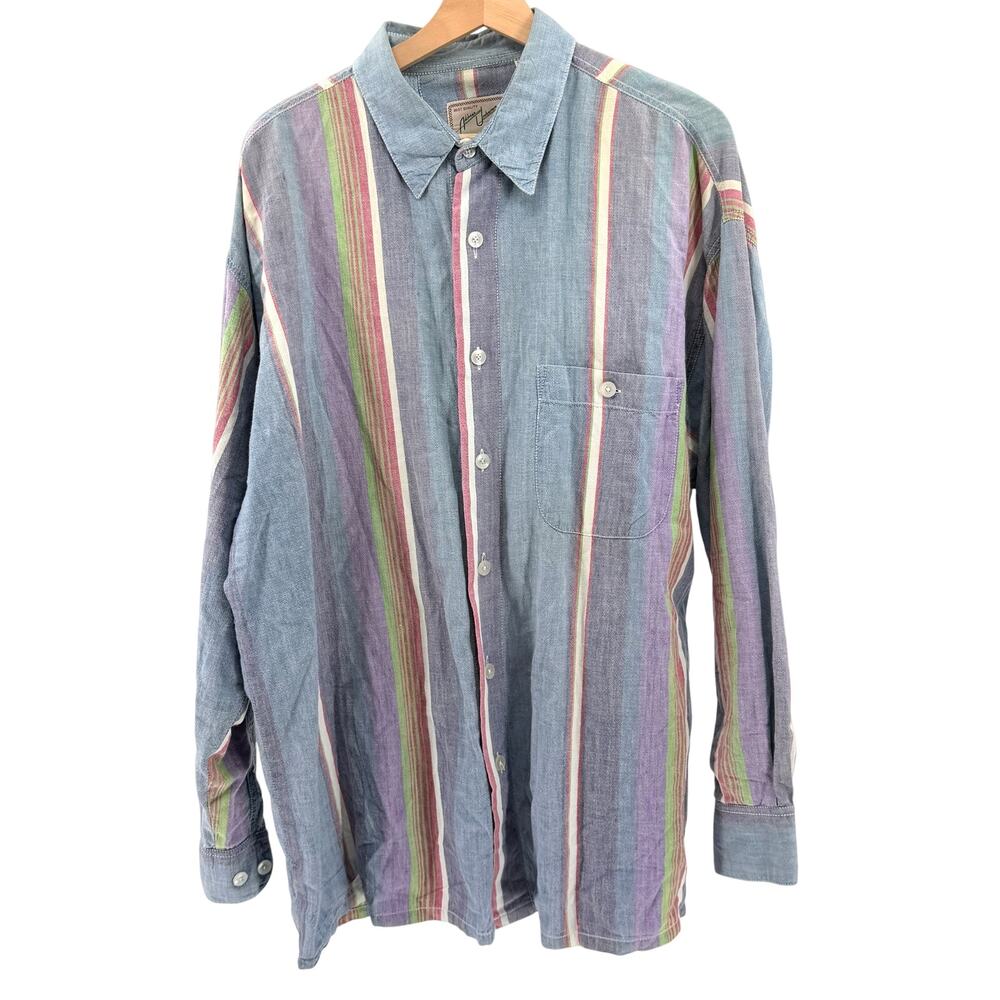 Vintage 90s Address Unknown Blue 100% Cotton Striped Button Down Shirt